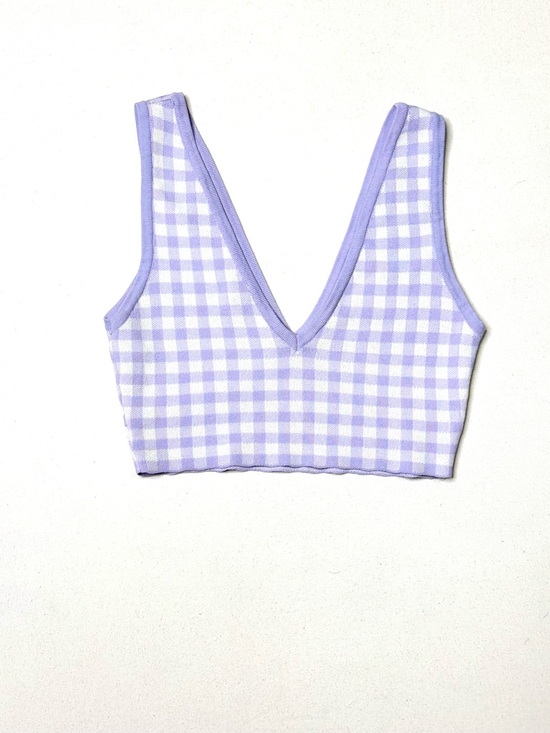 Zara Lavender Gingham Knit Crop Top V-Neck Bralette Size Small - Picture 2 of 5